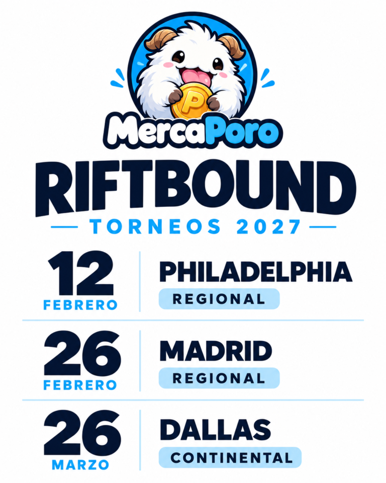 Cartel de torneos de Riftbound 2027 con MercaPoro: Philadelphia, Madrid y Dallas