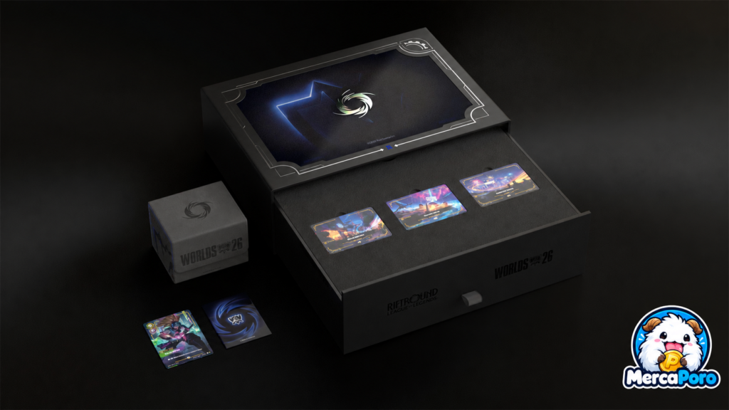 Bundle Riftbound x Worlds 2026 con cartas promocionales y logotipo de MercaPoro