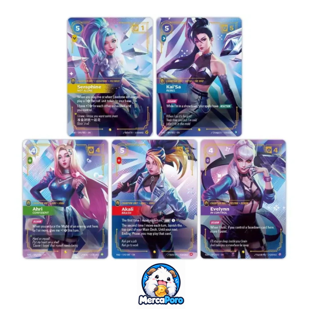 Montaje de cartas de Riftbound: Radiance con Seraphine, Kai’Sa, Ahri, Akali y Evelynn; logo de MercaPoro.