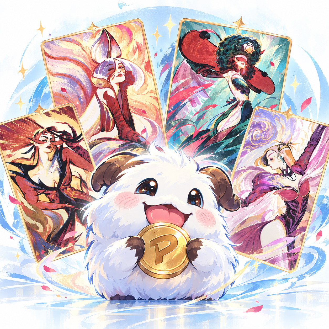 Diseño cuadrado de MercaPoro sobre la filtración de ilustraciones K/DA en Riftbound: Ahri, Akali, Evelynn y Kai’Sa.