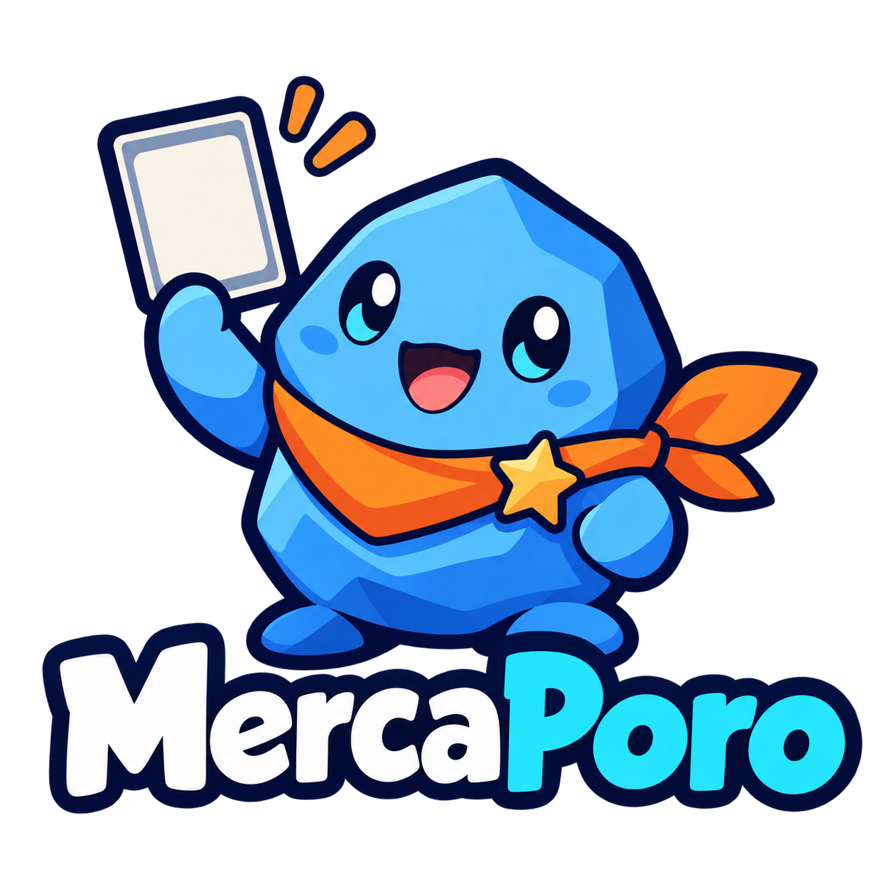 MercaPoro logo: a cheerful white Poro holding a gold coin.