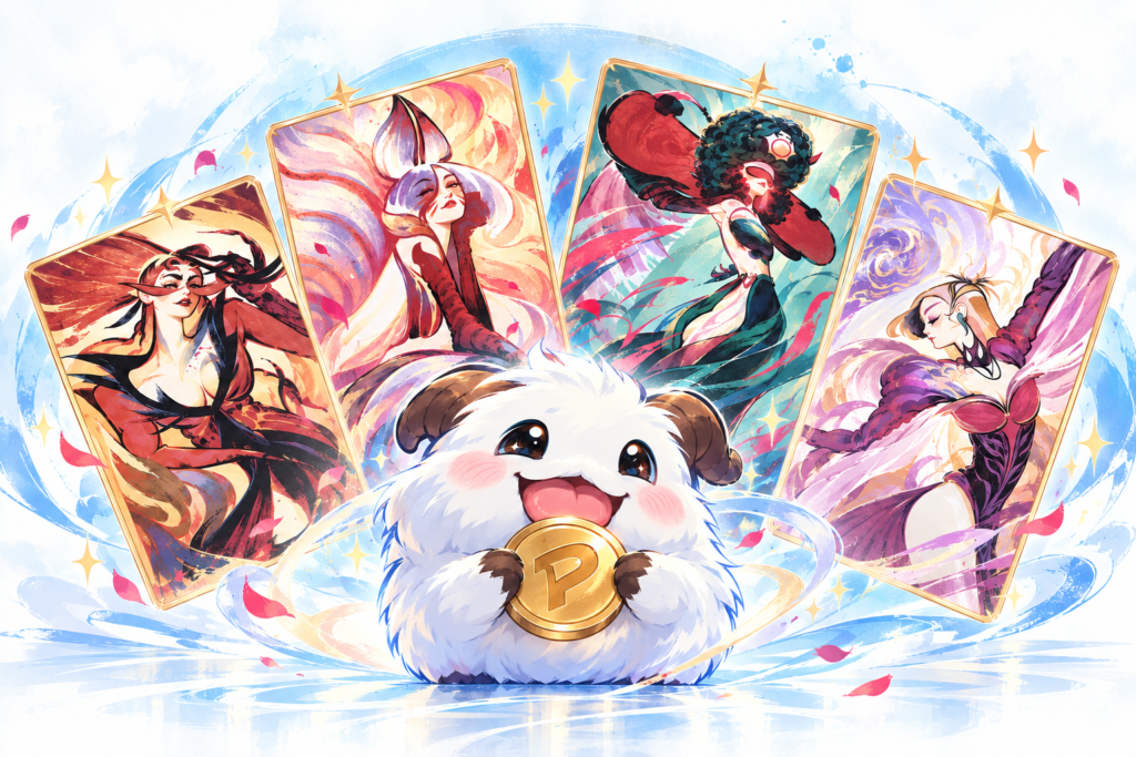 Ilustración editorial de MercaPoro sobre una filtración no confirmada de Riftbound y K/DA con Ahri, Akali, Evelynn y Kai’Sa