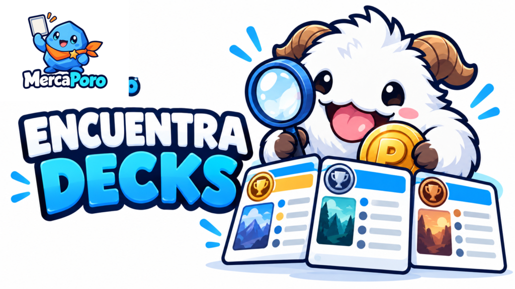 Guía visual para encontrar decks de Riftbound en Riftdecks, con el nuevo logo de MercaPoro.