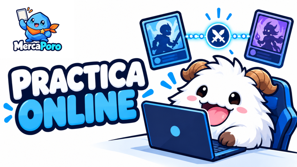 Guía visual para practicar Riftbound online con TCG Arena, con el nuevo logo de MercaPoro.