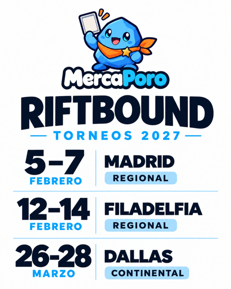 Calendario de torneos Riftbound 2027: fechas de Madrid, Filadelfia y Dallas con el nuevo logo de MercaPoro.